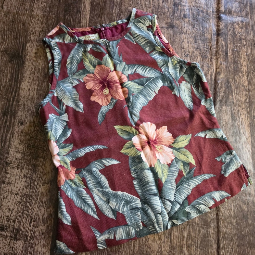 TOMMY BAHAMA Sleeveless Top Womens XS Burgundy Tropical Silk Wool Blend Shell